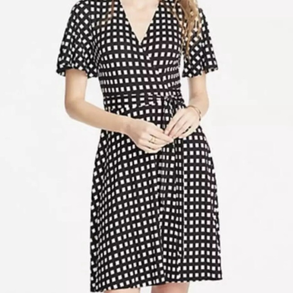 Ann Taylor Polka Square Plaid True Wrap Stretch Dress 10 Black/White Short Sleev - Picture 3 of 16